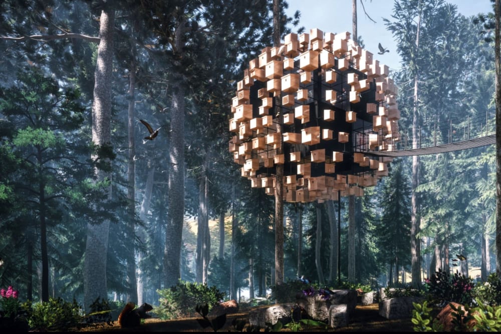 欧州の森の中の家と鳥・四角皿 欧州の森の中の家と鳥・四角皿