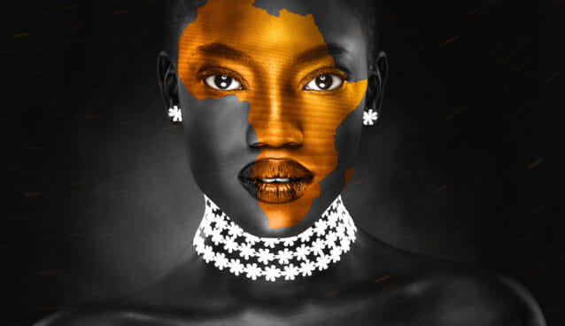 an africa symbol image on the beautiful african face of a young