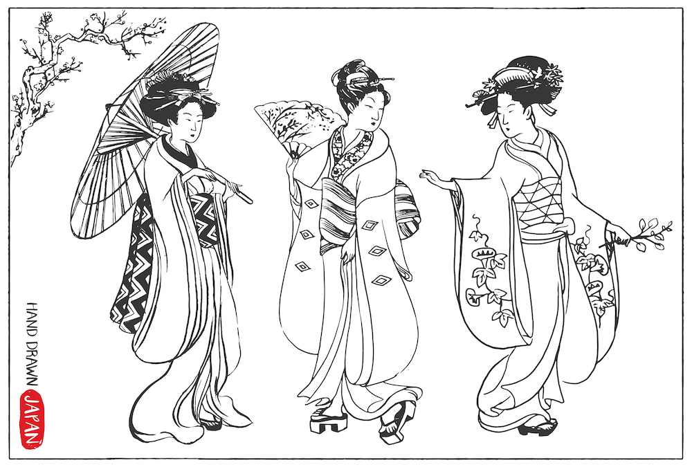 Set of Japanese women in kimono. Hand drawn vector illustration.