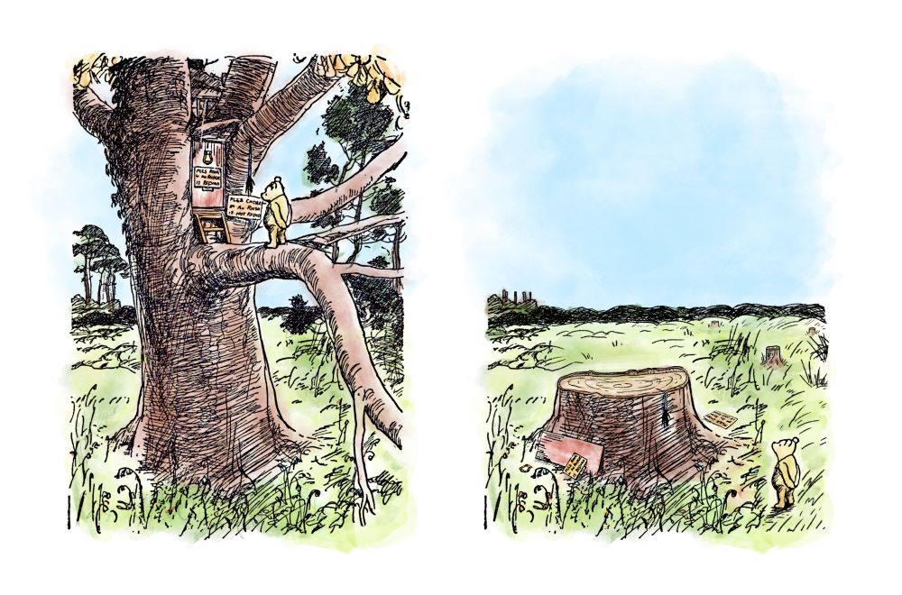 プーさんが木に登っている様子（左側）と、プーさんが伐採された木を見ている様子（右側）