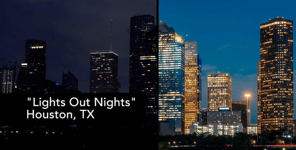 テキサス州のヒューストンにあるビル群が電気を多く使用するときと、キャンペーン中の電気が抑えられている様子の比較