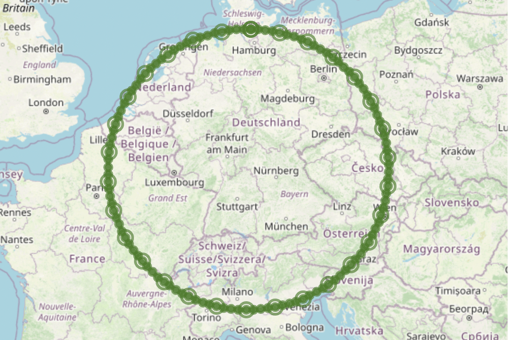 欧州の地図上に大きく丸い円が書かれている