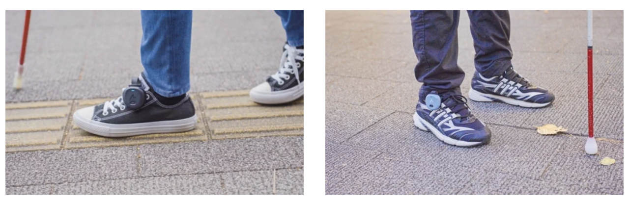 スニーカーに装着された振動ナビゲーションデバイス「あしらせ」