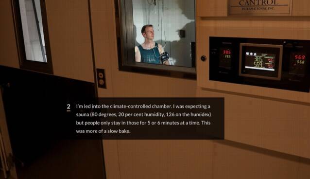 温室に入るジャーナリスト